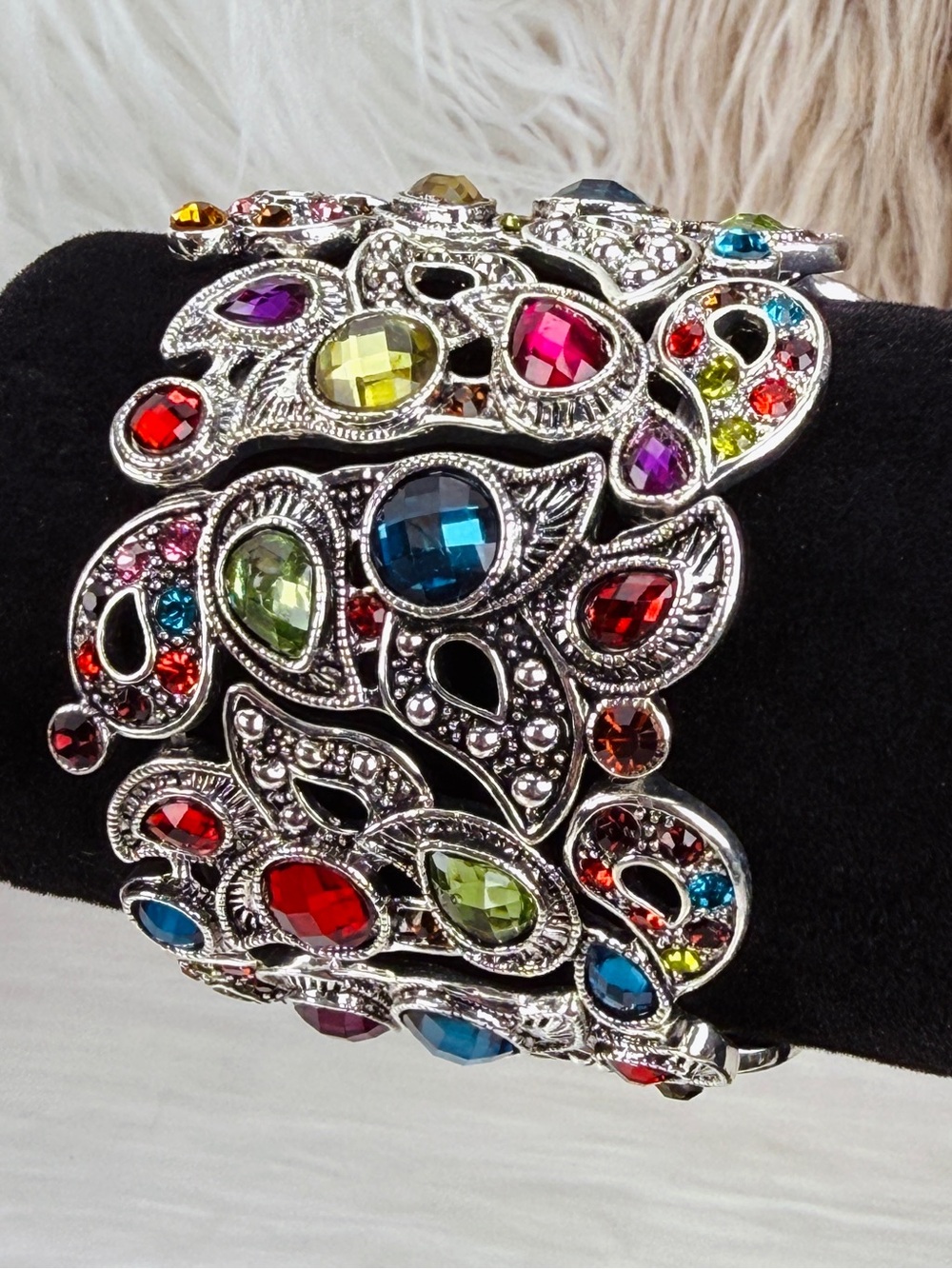 Vintage Silver Tone Multicolor Rhinestone Stretch Statement Bracelet